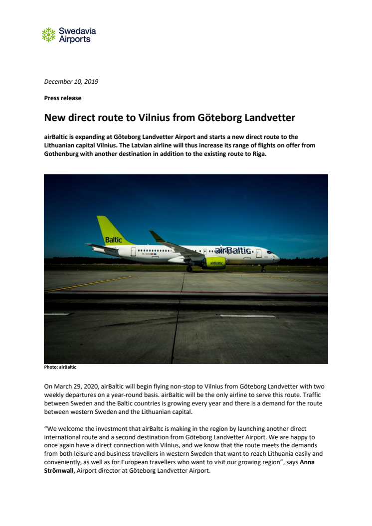 New direct route to Vilnius from Göteborg Landvetter Airport