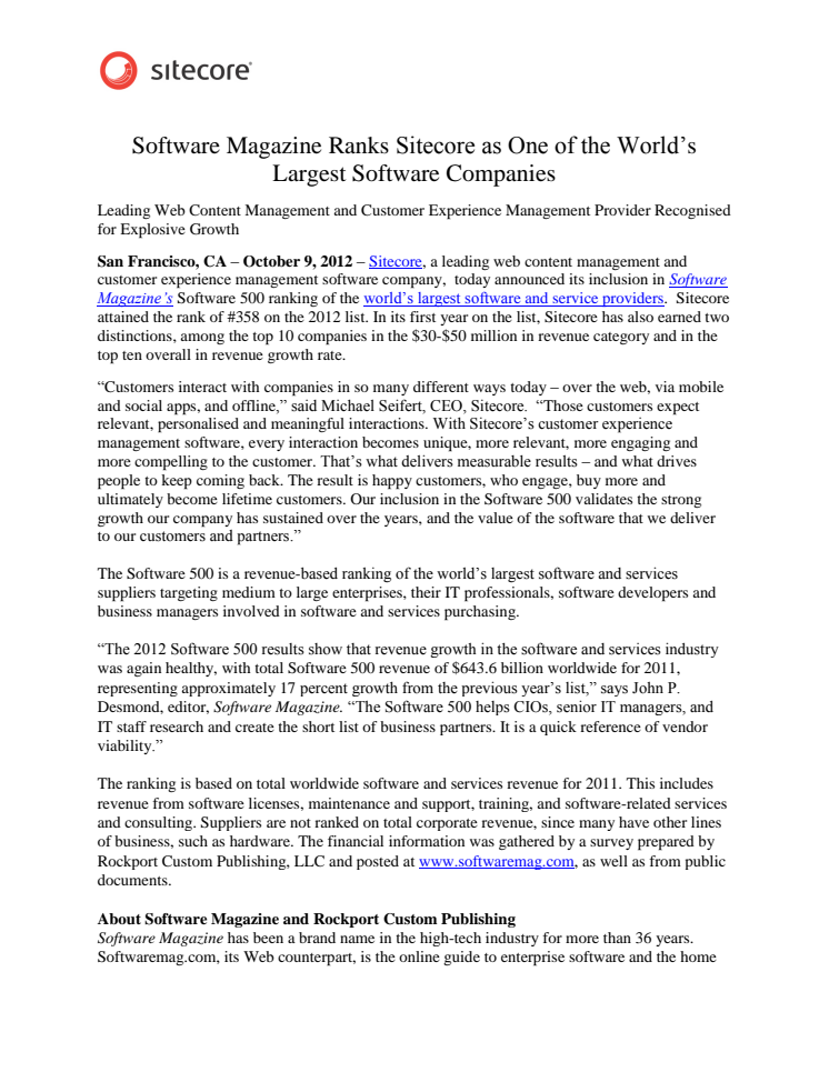 Software Magazine Ranks Sitecore as One of the World’s Largest Software Companies 