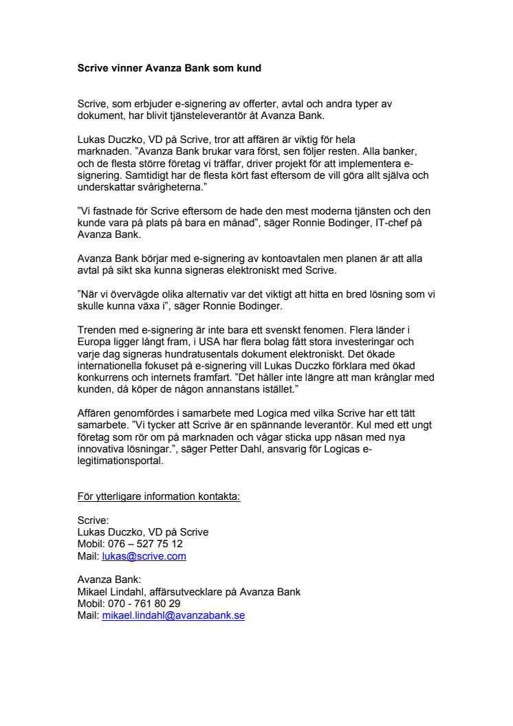 Scrive vinner Avanza Bank som kund