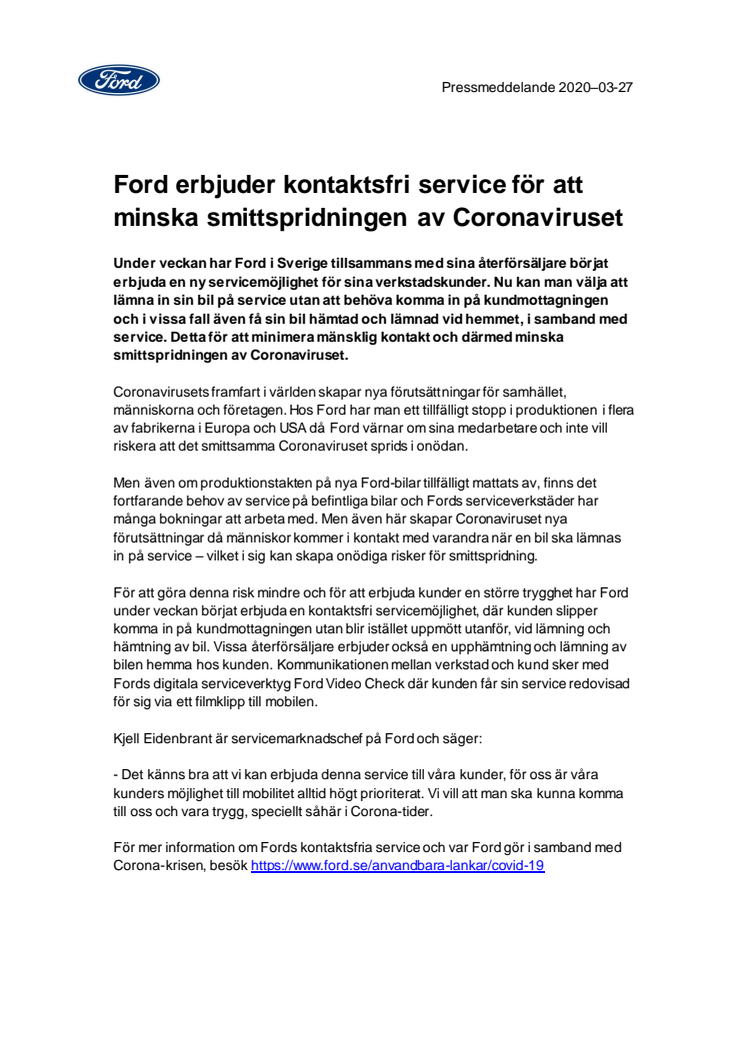 Ford erbjuder kontaktsfri service för att minska smittspridningen av Coronaviruset