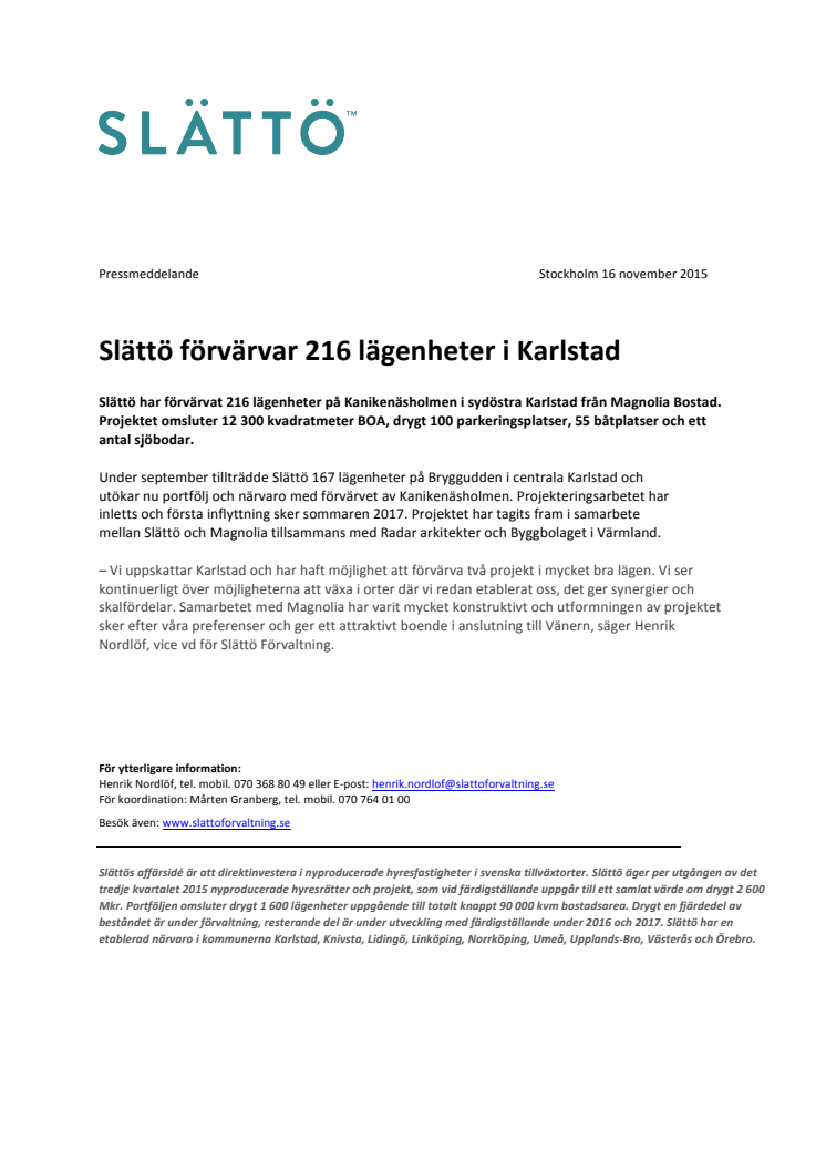 Slättö förvärvar 216 lägenheter i Karlstad