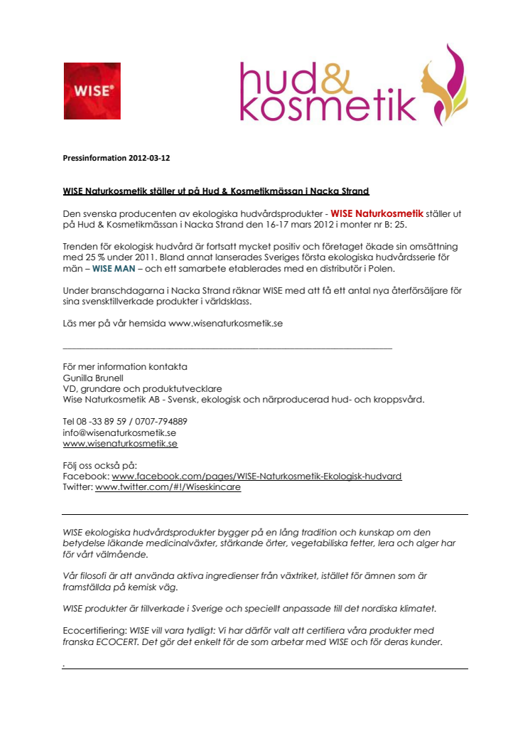 WISE Naturkosmetik ställer ut på Hud & Kosmetikmässan i Nacka Strand