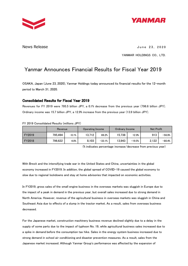 Yanmar Announces Financial Results for Fiscal Year 2019