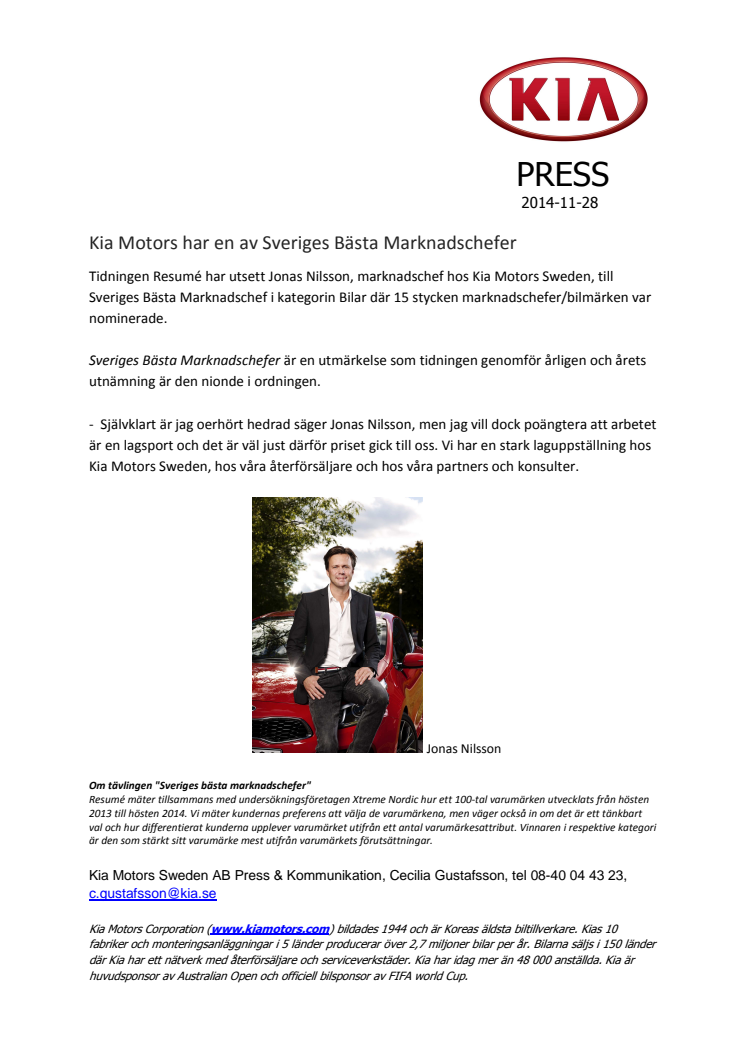 Kia Motors har en av Sveriges Bästa Marknadschefer