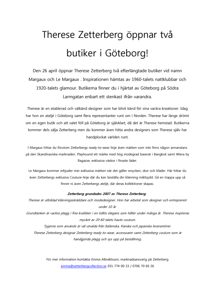 Therese Zetterberg öppnar två butiker i Göteborg