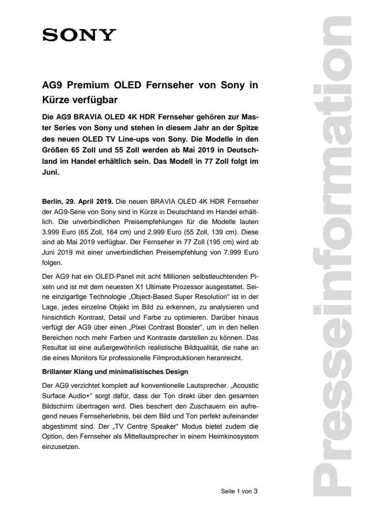 AG9 Premium OLED Fernseher von Sony in Kürze verfügbar