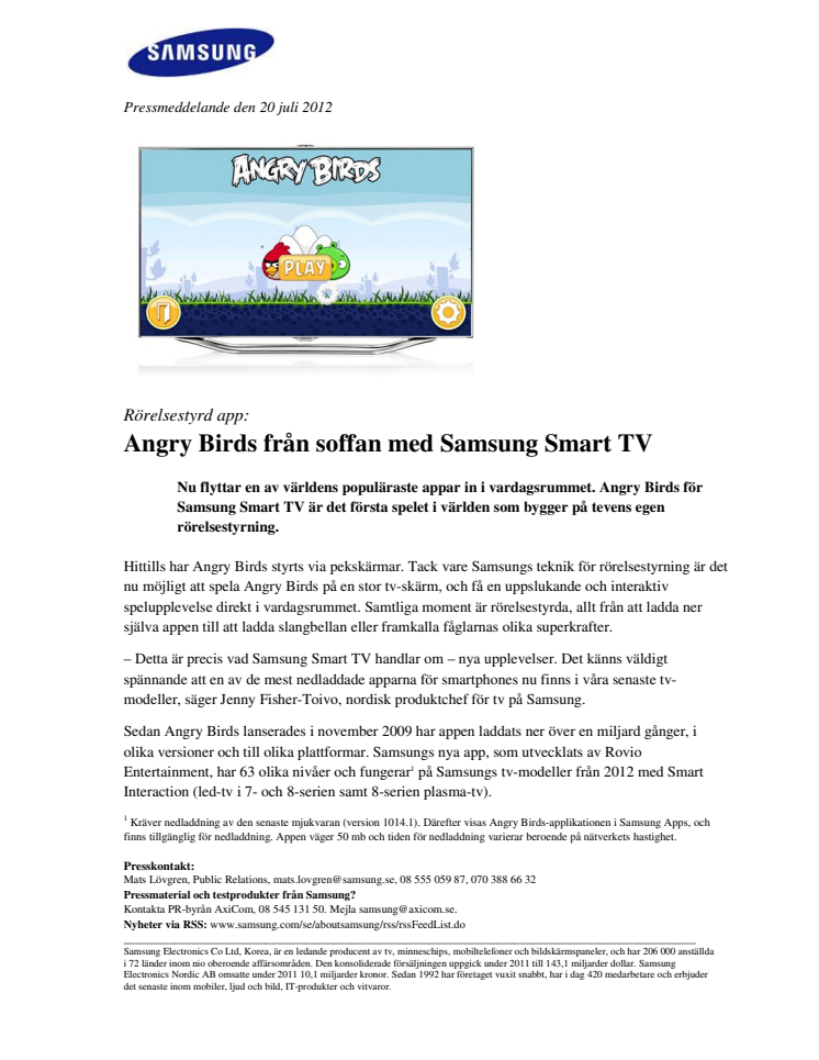 Rörelsestyrd app: Angry Birds från soffan med Samsung Smart TV