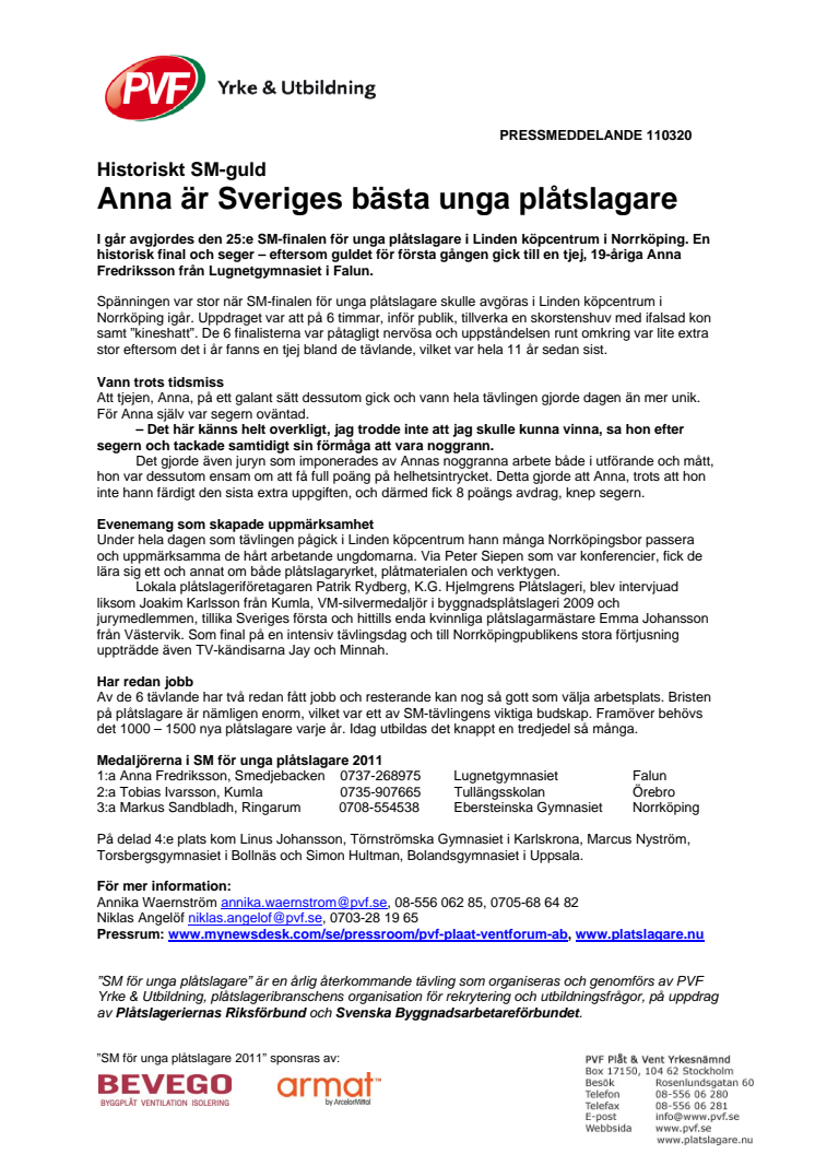 Historisk seger: Anna tog SM-guld i plåtslageri!