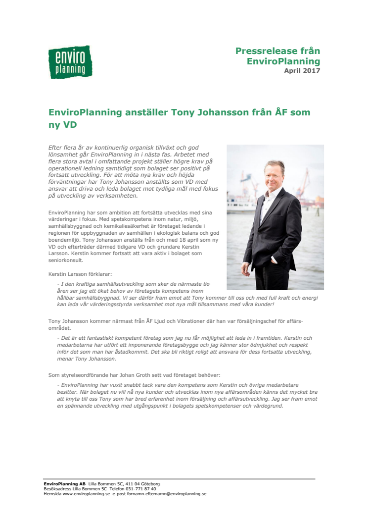 EnviroPlanning anställer Tony Johansson från ÅF som ny VD 