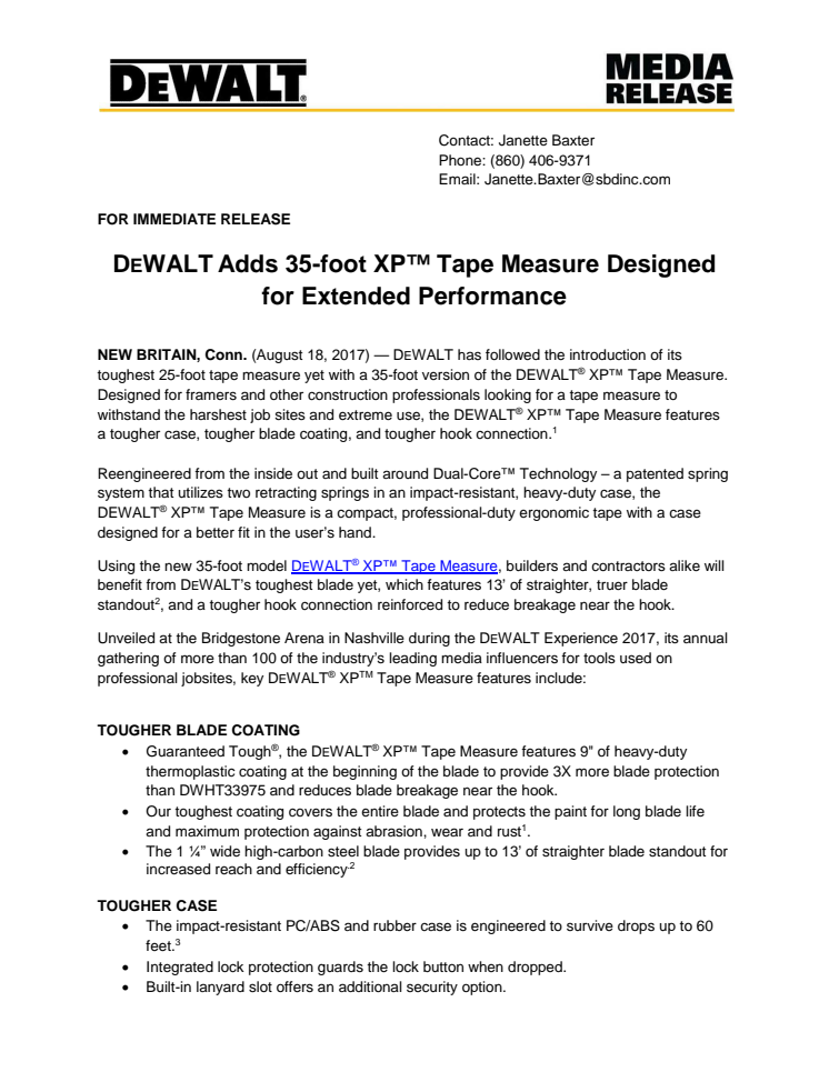 DEWALT Adds 35-foot XP™ Tape Measure Designed for Extended Performance 