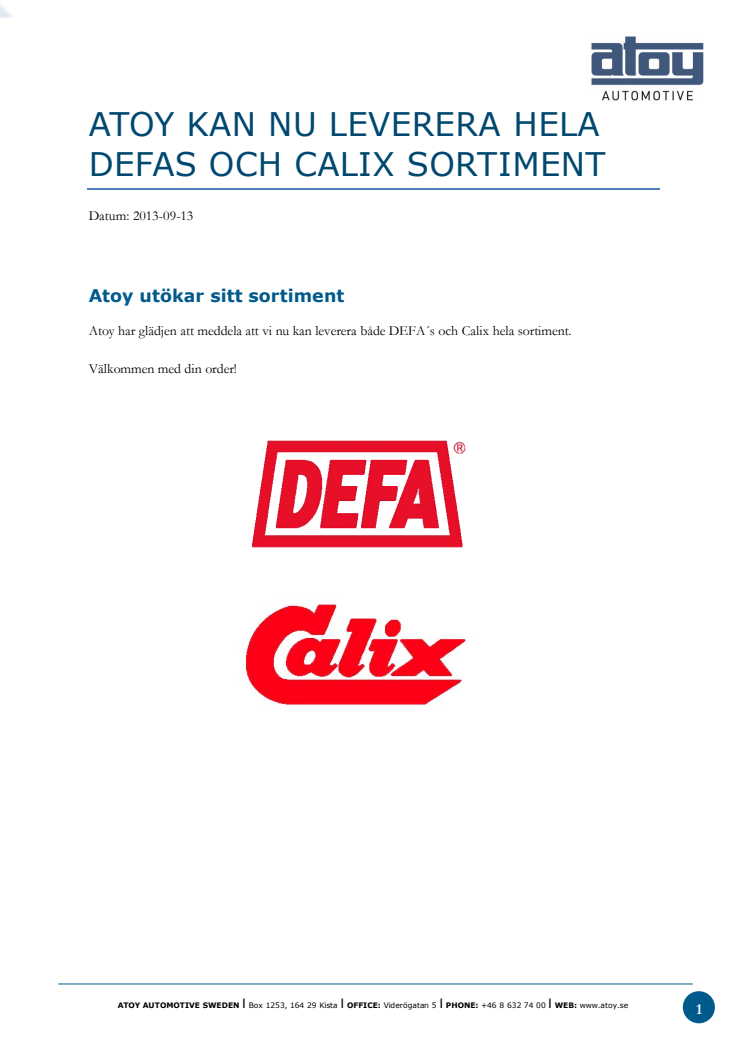 DEFA och Calix- Atoy och BDS utökar sitt sortiment