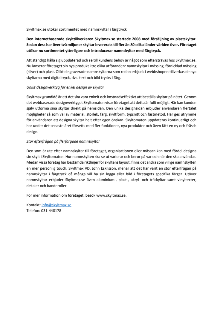 Skyltmax.se utökar sortimentet med namnskyltar i färgtryck