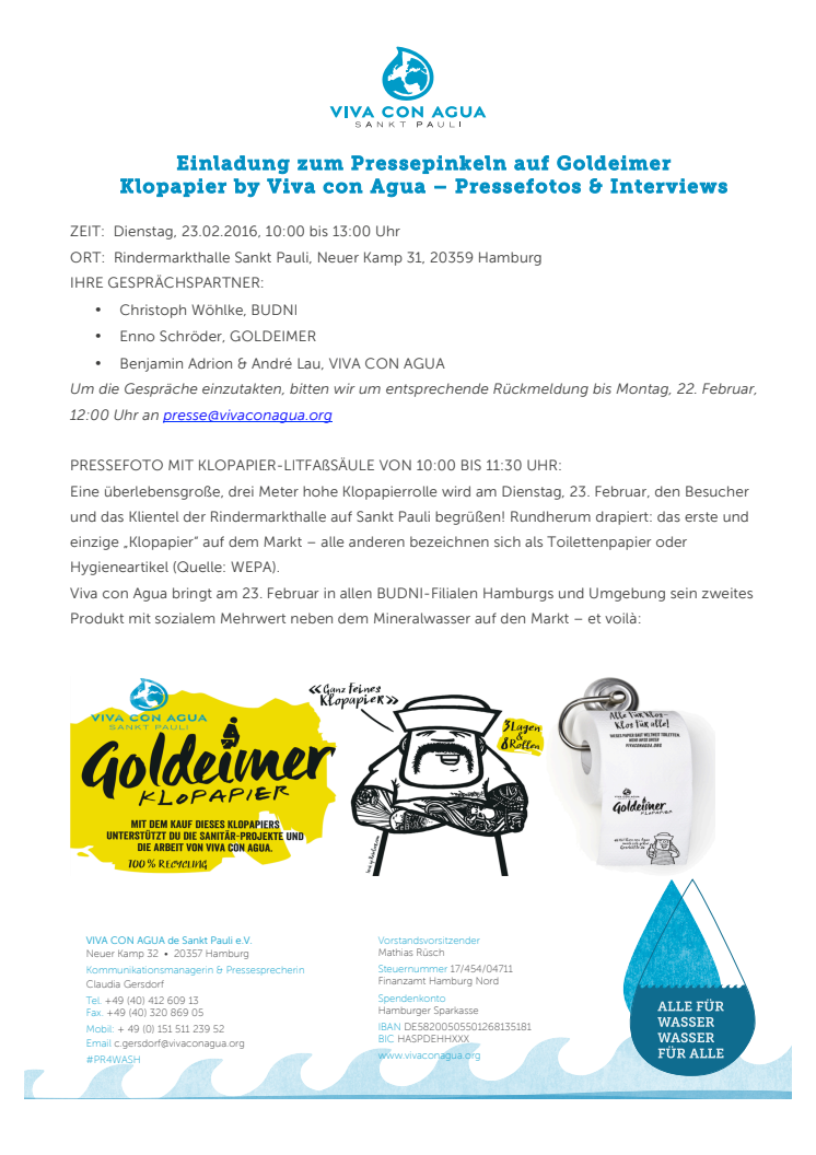 Einladung zum Pressepinkeln auf Goldeimer  Klopapier by Viva con Agua – Pressefotos & Interviews 