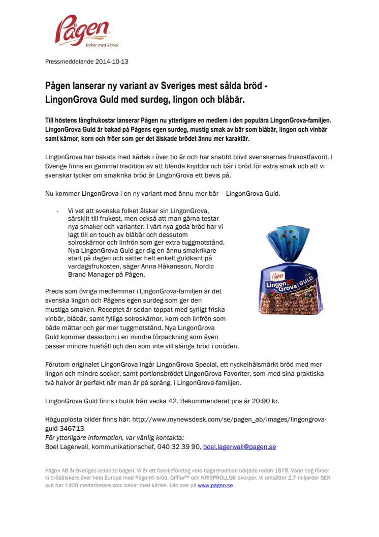 Pågen lanserar ny variant av Sveriges mest sålda bröd -  LingonGrova Guld med surdeg, lingon och blåbär