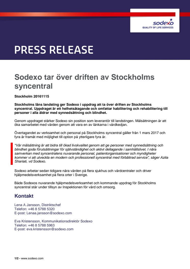 Sodexo tar över driften av Stockholms syncentral 