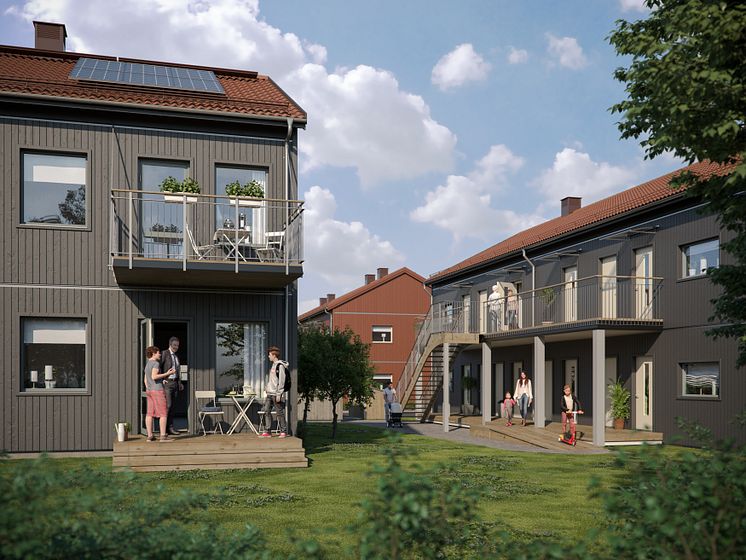 Illustration av de nya husen i BoKlok Krysset i Bålsta, med egna altaner/balkonger samt gröna ytor och naturliga mötesplatser. 