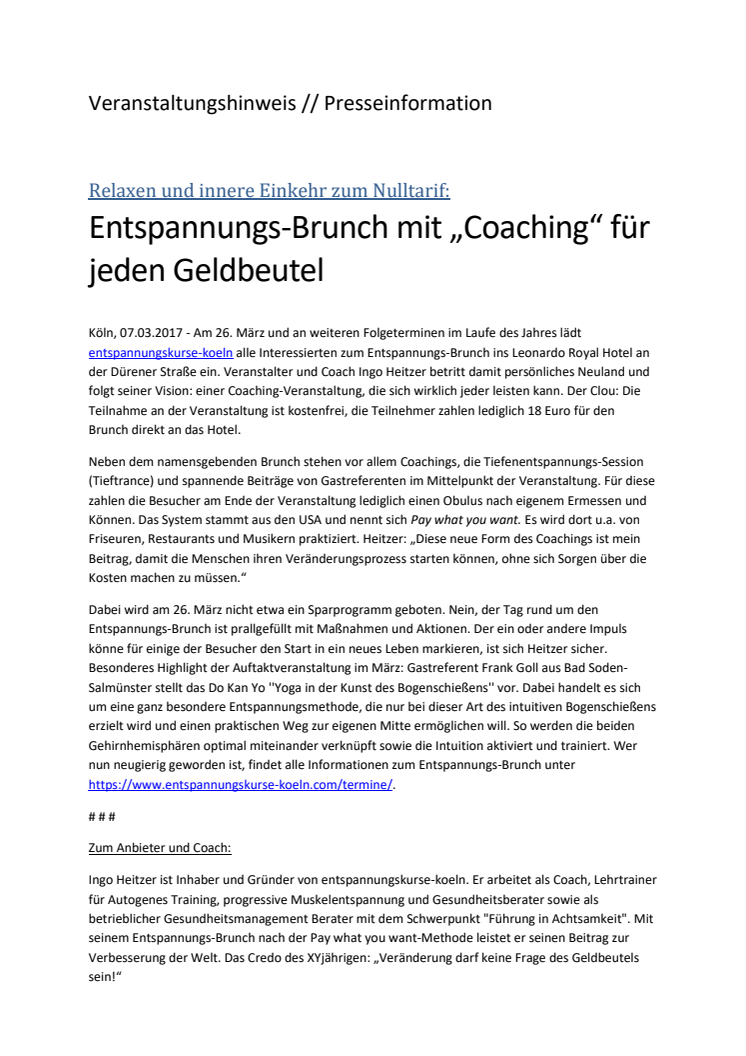 Entspannungs-Brunch mit „Coaching“ für jeden Geldbeutel