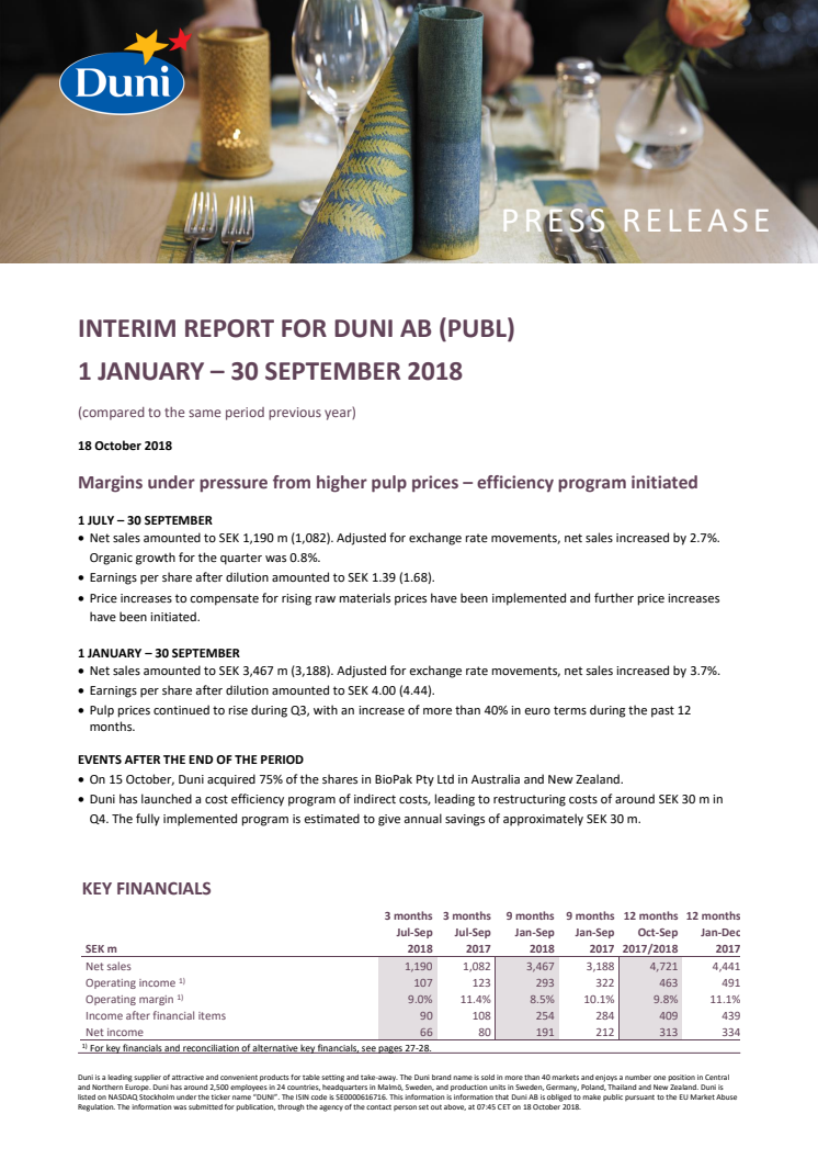 Interim report for Duni AB (publ)  1 January – 30 September 2018