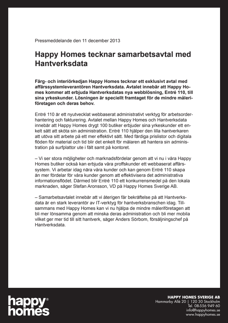 Happy Homes tecknar samarbetsavtal med Hantverksdata