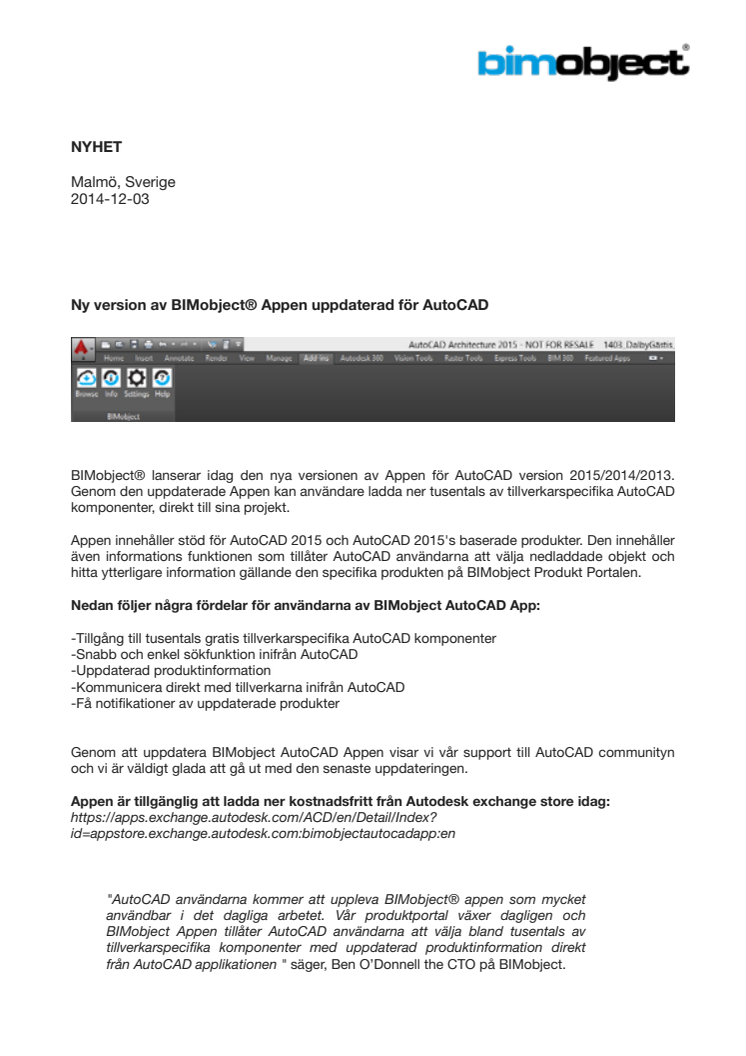 Ny version av BIMobject® Appen uppdaterad för AutoCAD