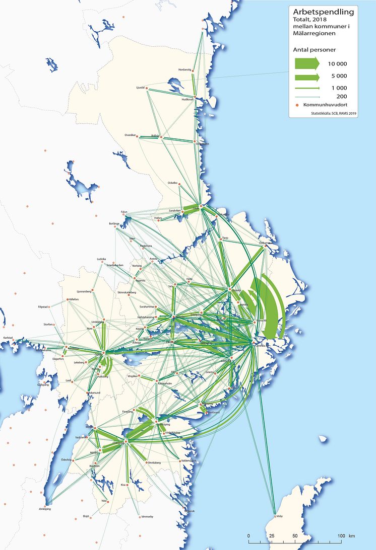 Arbetspendlingen mellan kommuner i Stockholm-Mälarregionen
