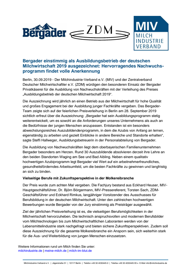 Bergader einstimmig als Ausbildungsbetrieb der deutschen Milchwirtschaft 2019 ausgezeichnet: Hervorragendes Nachwuchsprogramm findet volle Anerkennung