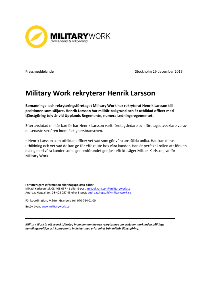 Military Work rekryterar Henrik Larsson