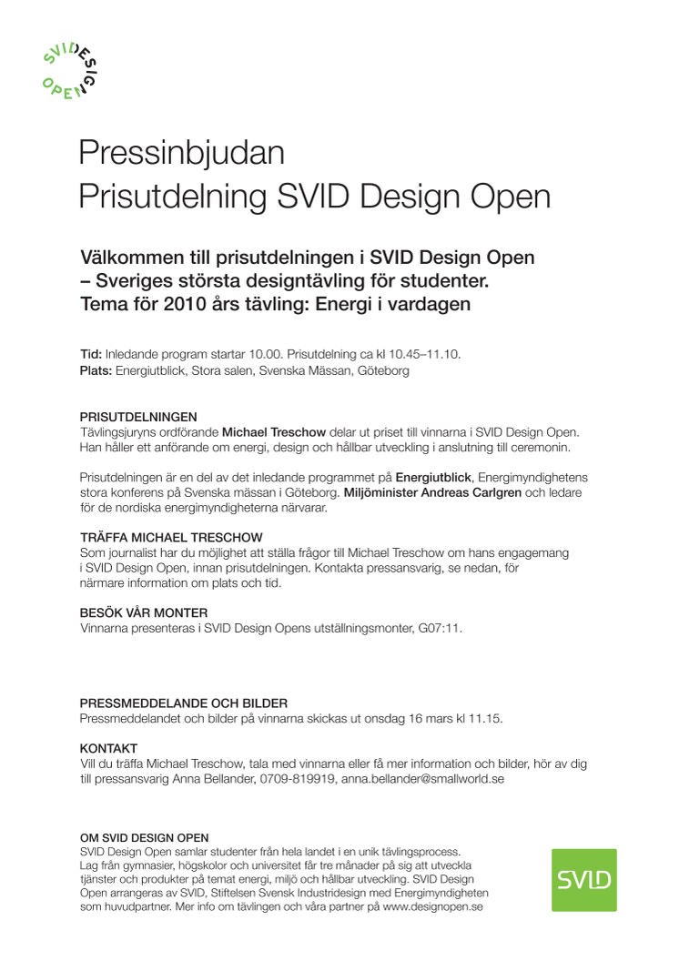 Pressinbjudan: Prisutdelning SVID Design Open 16 mars