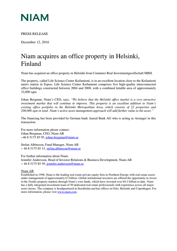 Niam acquires an office property in Helsinki, Finland