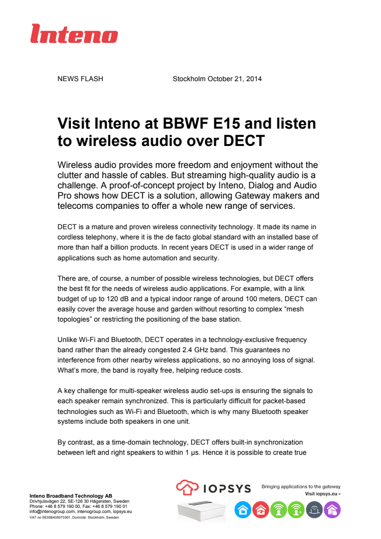 Visit Inteno at BBWF E15 and listen to wireless audio over DECT