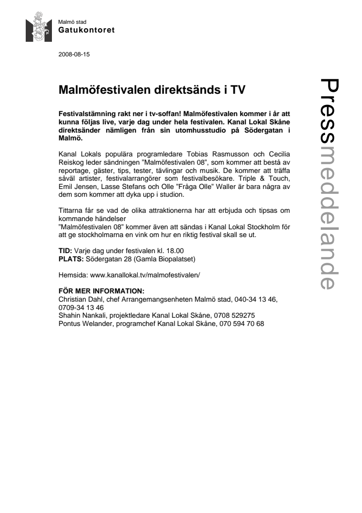 Malmöfestivalen direktsänds i TV  