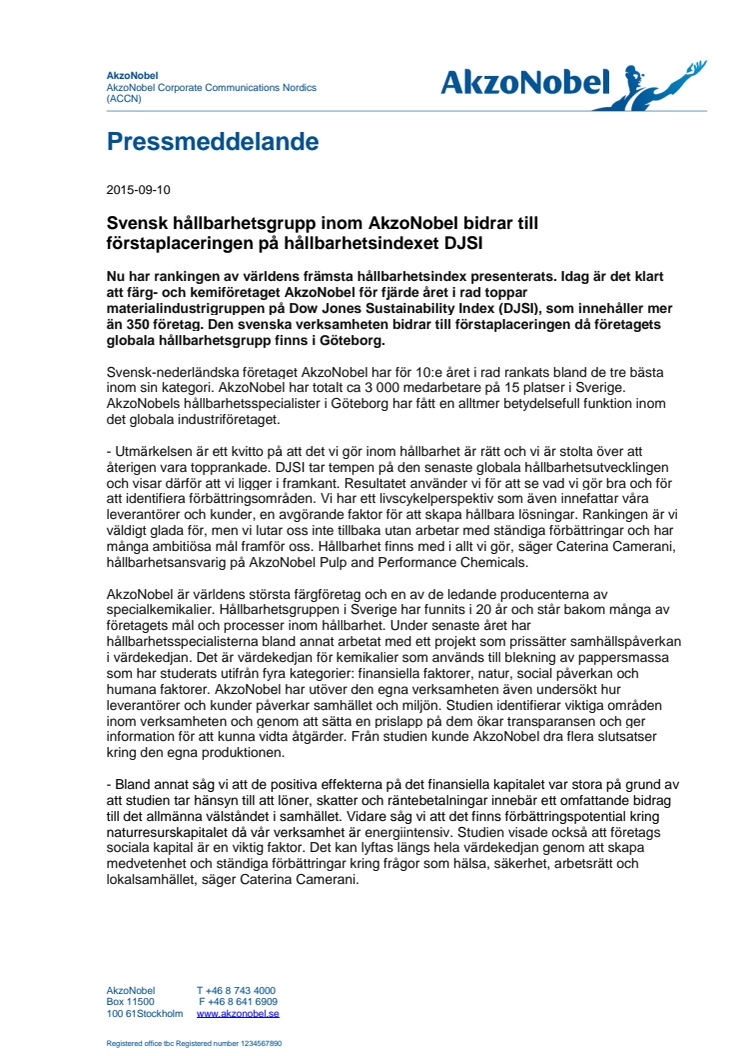 Svensk hållbarhetsgrupp inom AkzoNobel bidrar till förstaplaceringen på hållbarhetsindexet DJSI