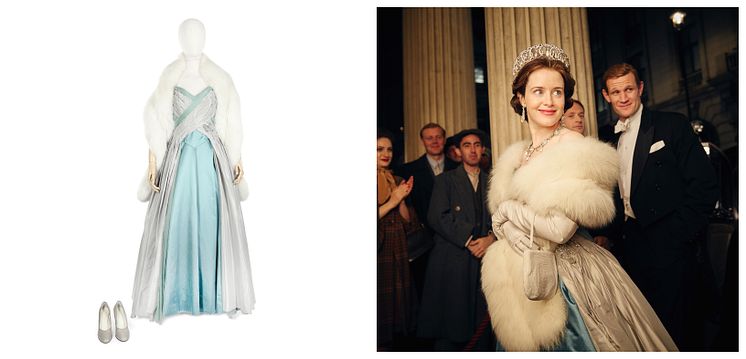 Claire Foy (as The Queen)_ Powder blue ballgown with pearl embellishment with fur stole and shoes