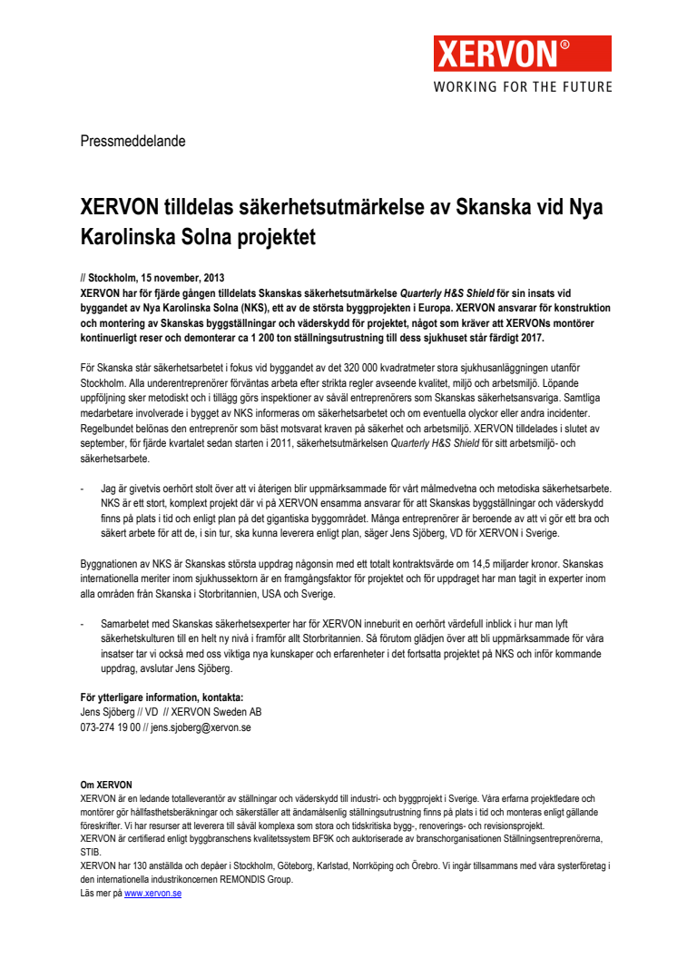 XERVON tilldelas säkerhetsutmärkelse av Skanska