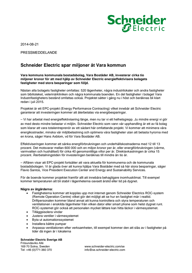 Schneider Electric spar miljoner åt Vara kommun