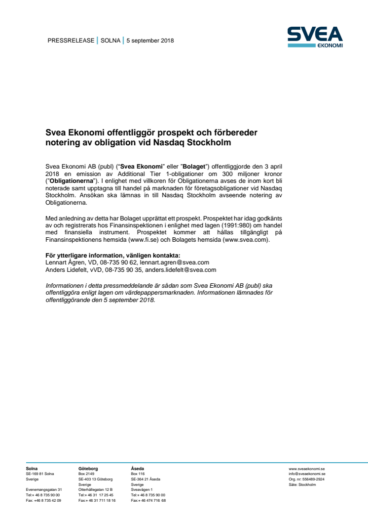 Svea Ekonomi offentliggör prospekt och förbereder notering av obligation vid Nasdaq Stockholm