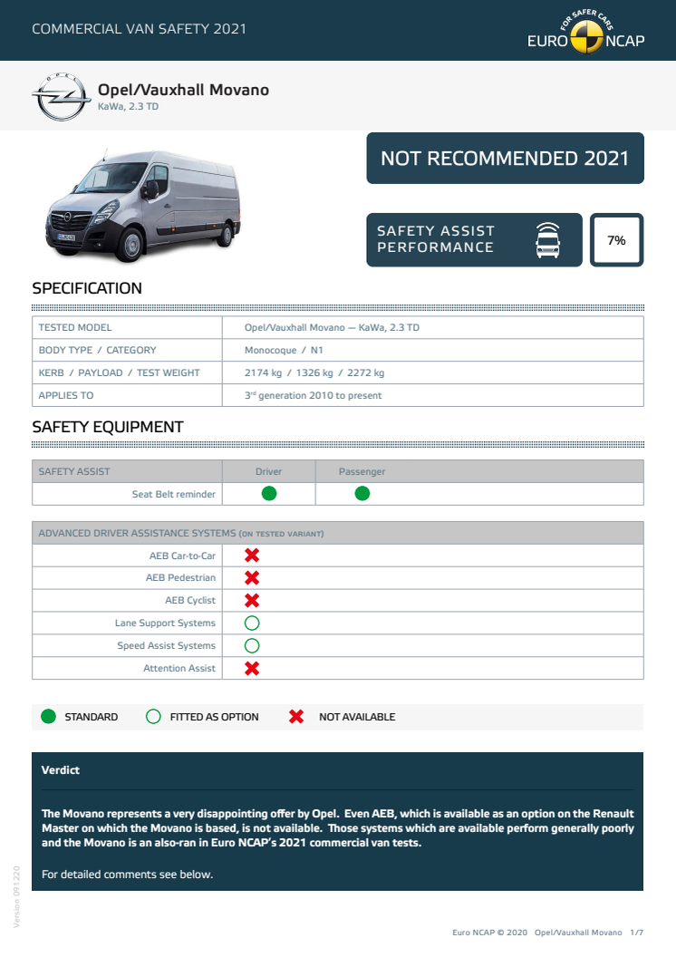 Euro NCAP Commercial Van Testing - Vauxhall Movano datasheet