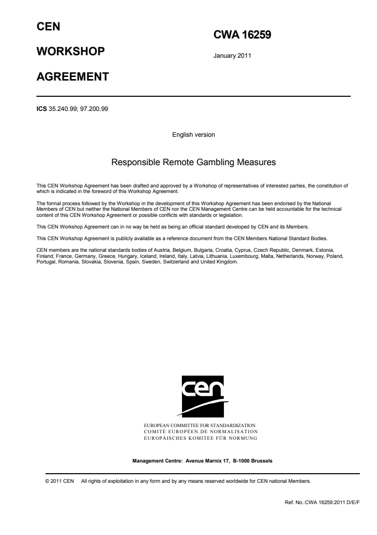The CEN Workshop Agreement on Responsible Gambling Measures 