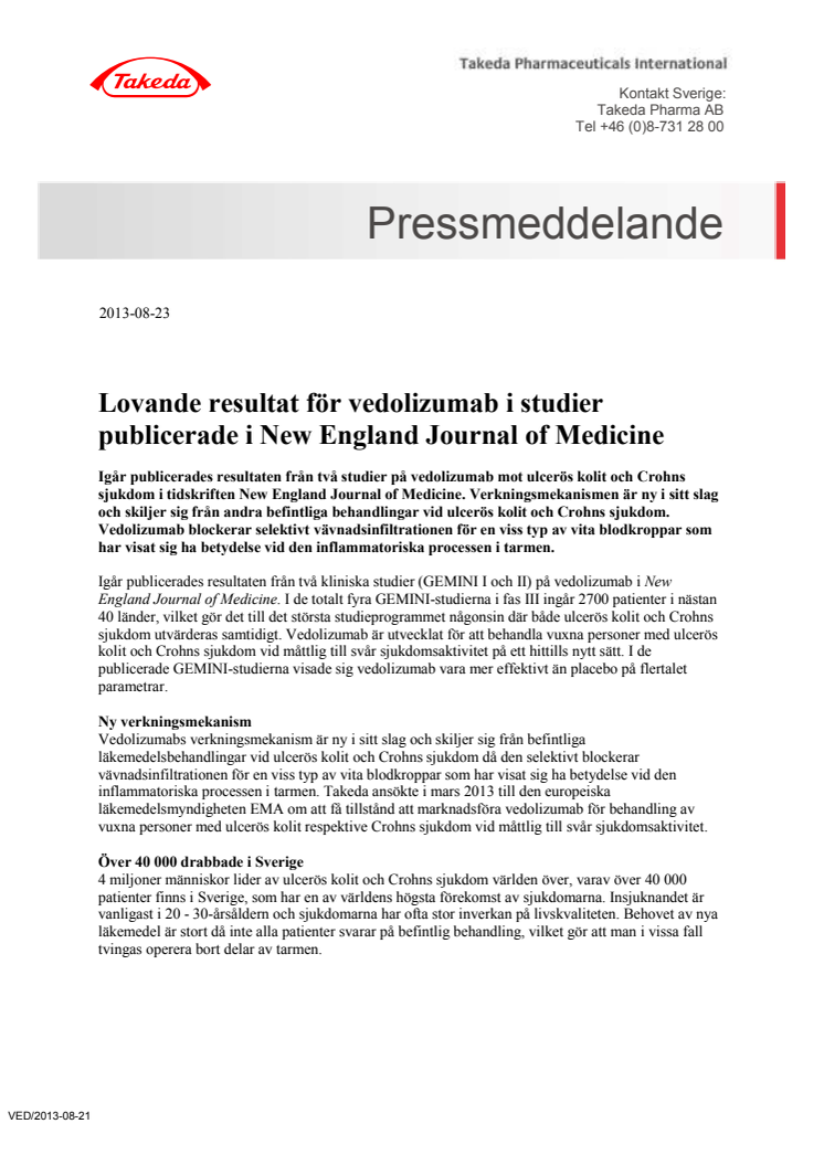 Lovande resultat för vedolizumab i studier publicerade i New England Journal of Medicine 