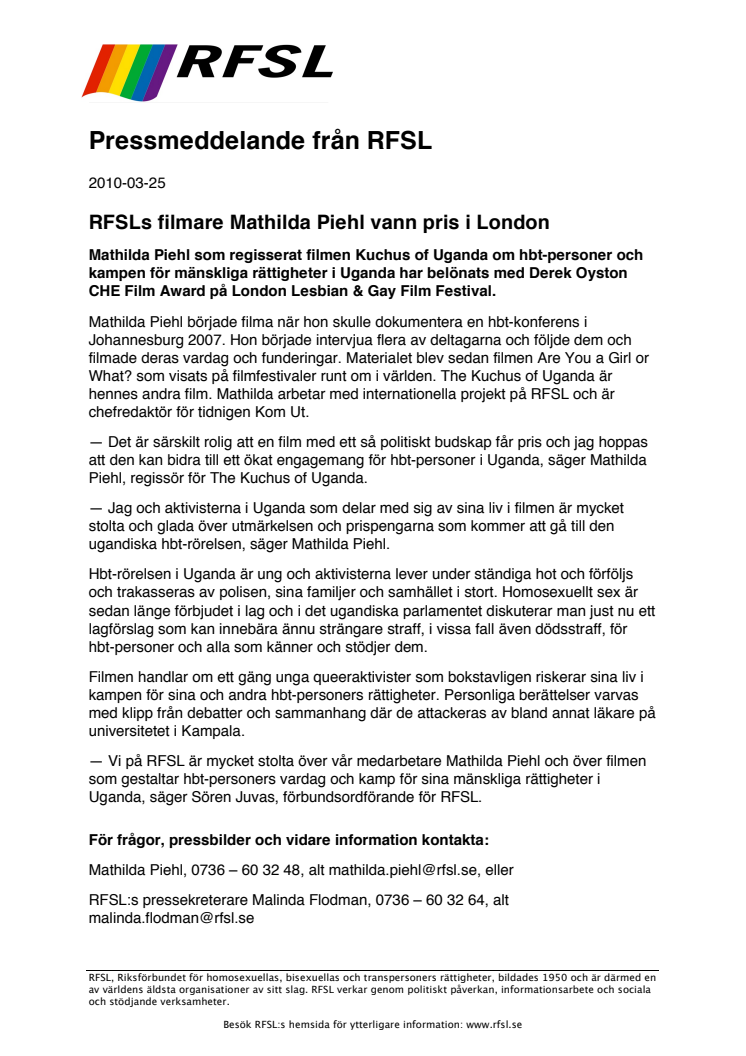 RFSLs filmare Mathilda Piehl vann pris i London