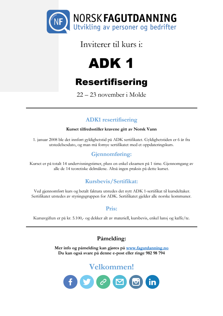 Resertifiseringskurs for ADK 1 i Molde den 22 og 23 november 2017