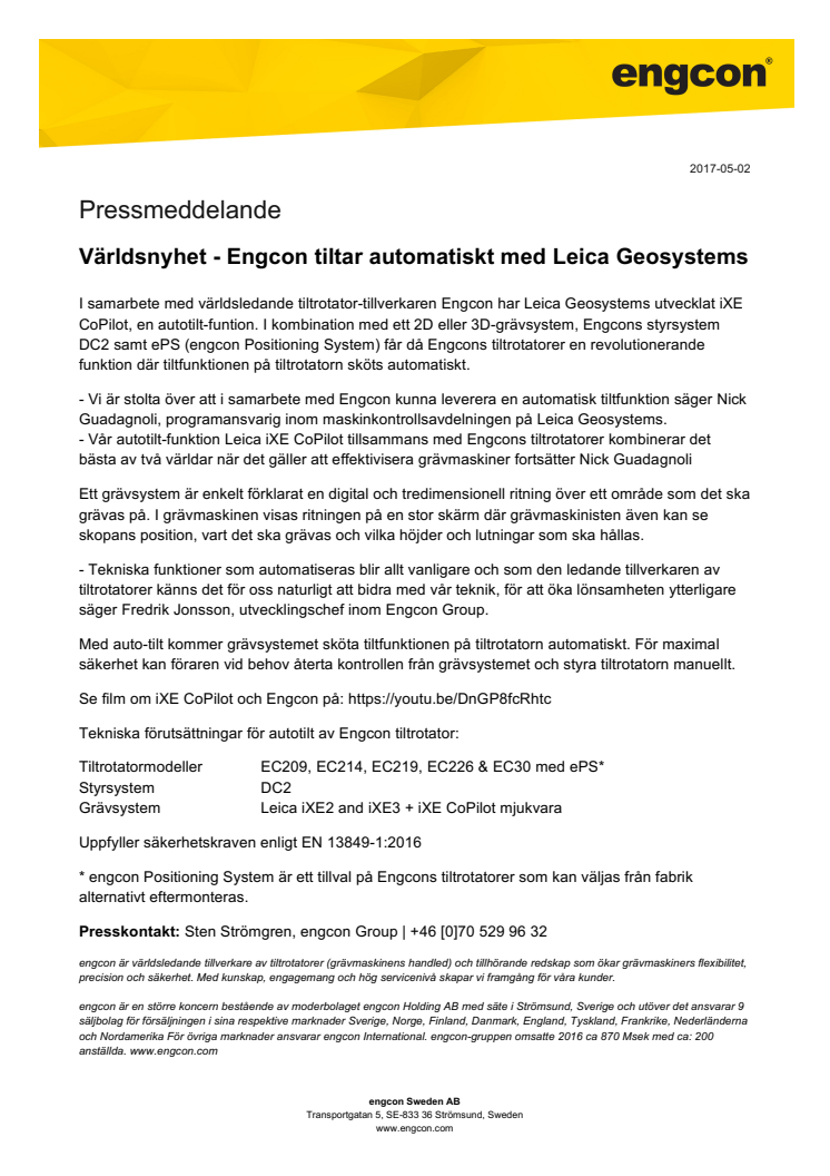 Världsnyhet - Engcon tiltar automatiskt med Leica Geosystems