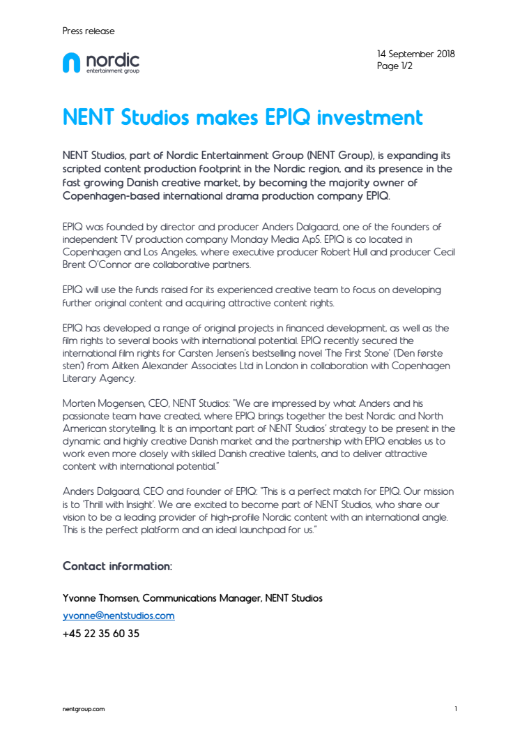NENT Studios makes EPIQ investment