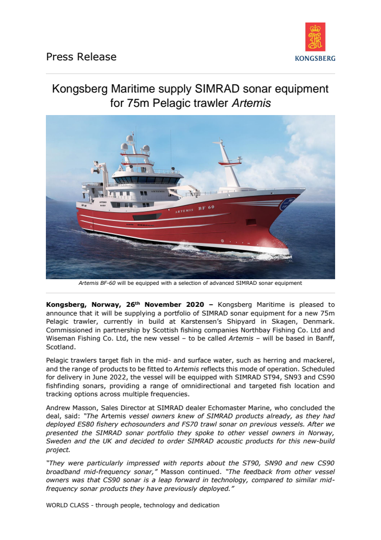 Kongsberg Maritime supply SIMRAD sonar equipment for 75m Pelagic trawler 'Artemis'