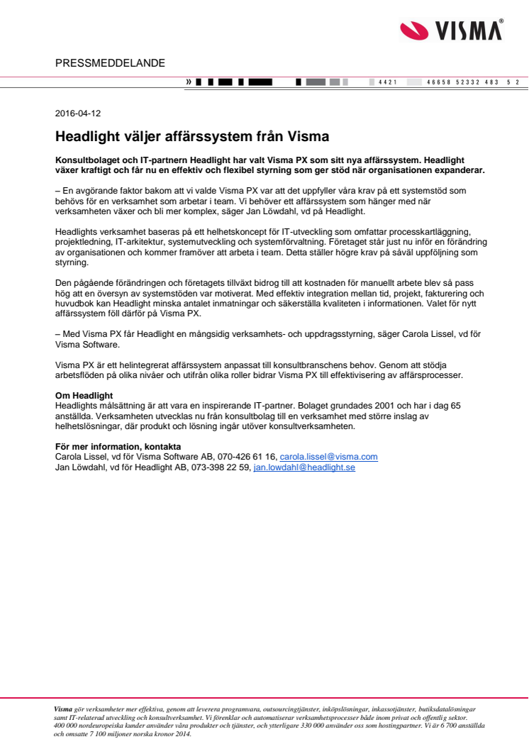 Headlight väljer affärssystem från Visma