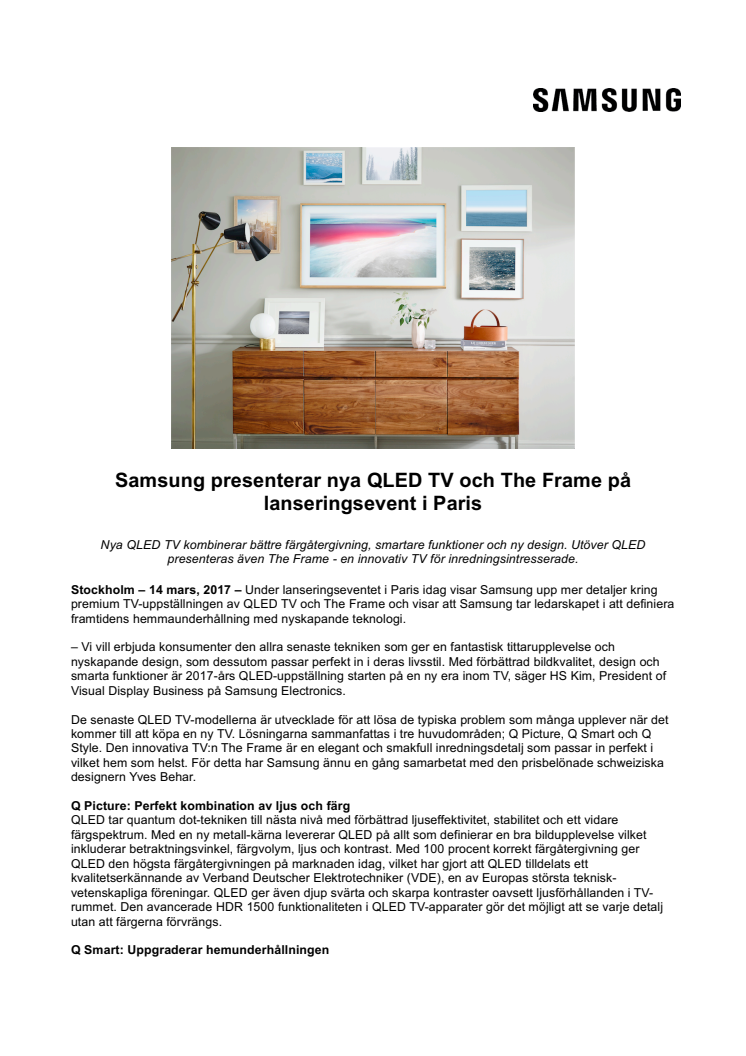 Samsung presenterar nya QLED TV och The Frame på lanseringsevent i Paris