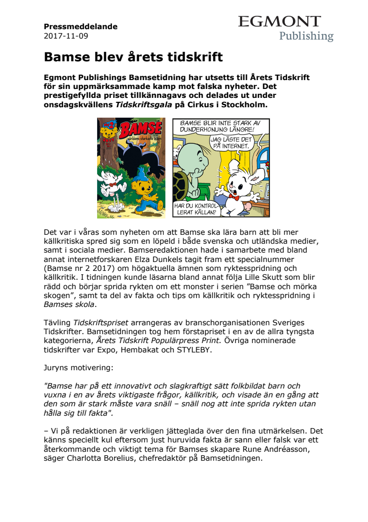 Pressmeddelande Bamse Tidskriftspriset 171109