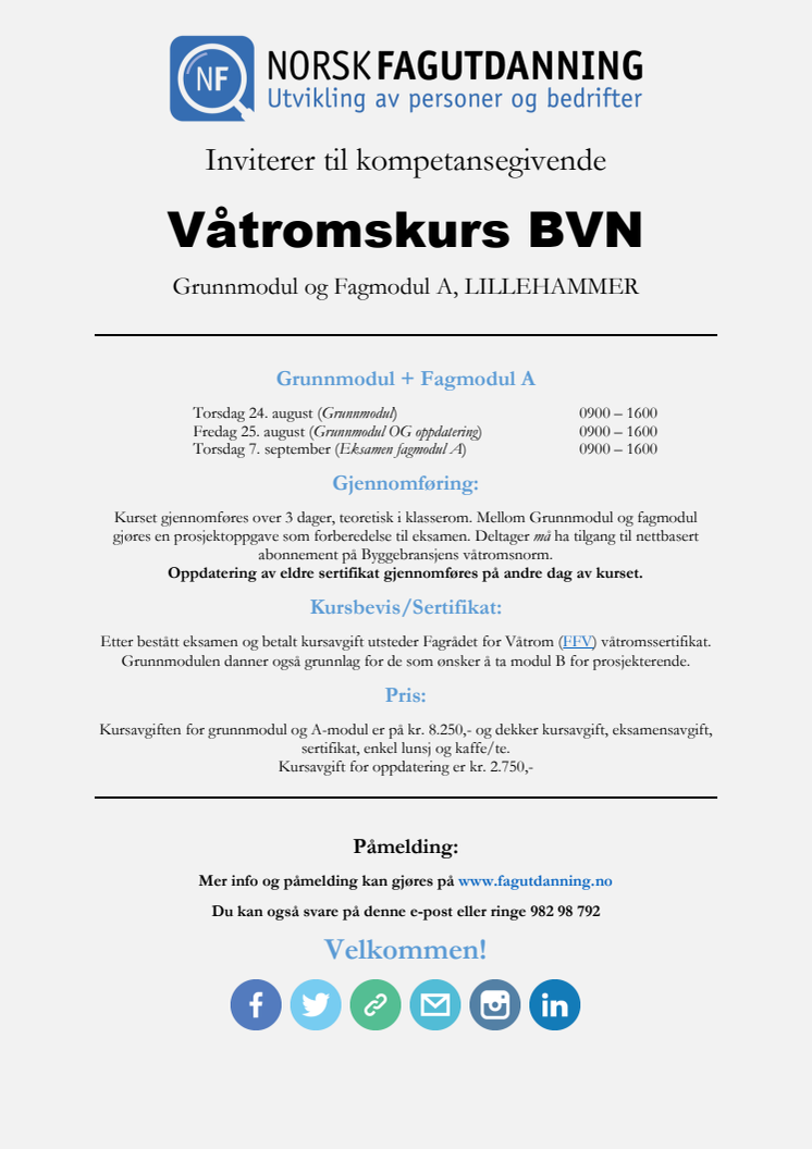 Påminnelse - Invitasjon til Våtromskurs - GMAM på Lillehammer 24 August 2017