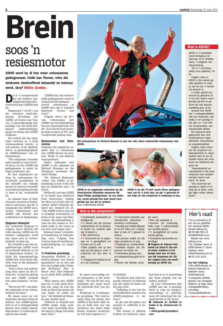 Best health lifestyle feature – Riëtte Grobler from Die Burger for ‘Breinsoos ‘n resiesmotor’ 