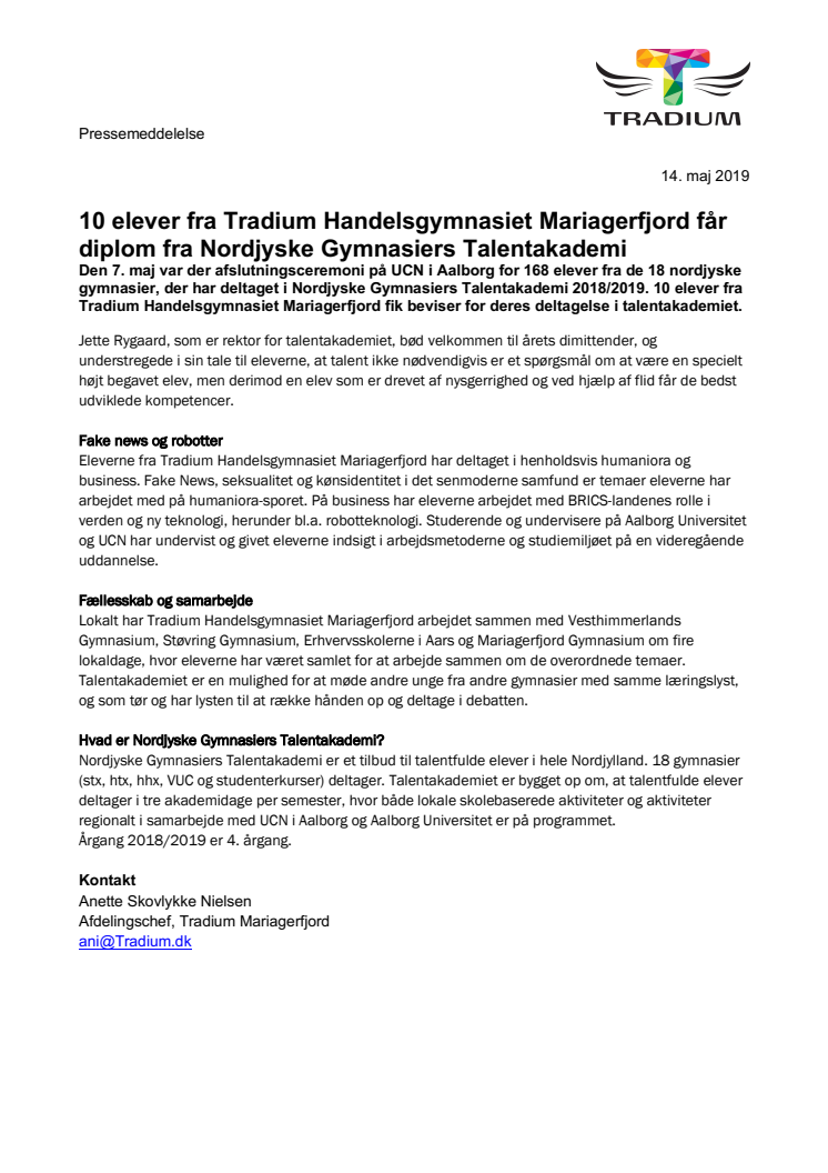 10 elever fra Tradium Handelsgymnasiet Mariagerfjord får diplom fra Nordjyske Gymnasiers Talentakademi